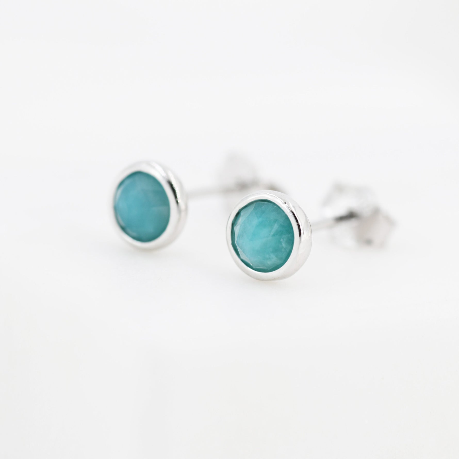 Sterling Silver Amazonite Stud Earrings, 4mm Rose Cut, Genuine tiny Amazonite Gemstone Stud, Bezel, Minimalist Style