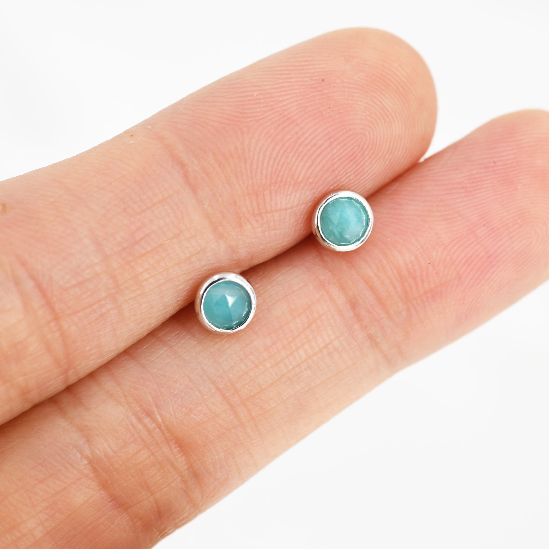 Sterling Silver Amazonite Stud Earrings, 4mm Rose Cut, Genuine tiny Amazonite Gemstone Stud, Bezel, Minimalist Style