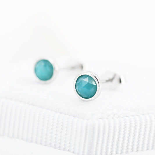 Sterling Silver Amazonite Stud Earrings, 4mm Rose Cut, Genuine tiny Amazonite Gemstone Stud, Bezel, Minimalist Style