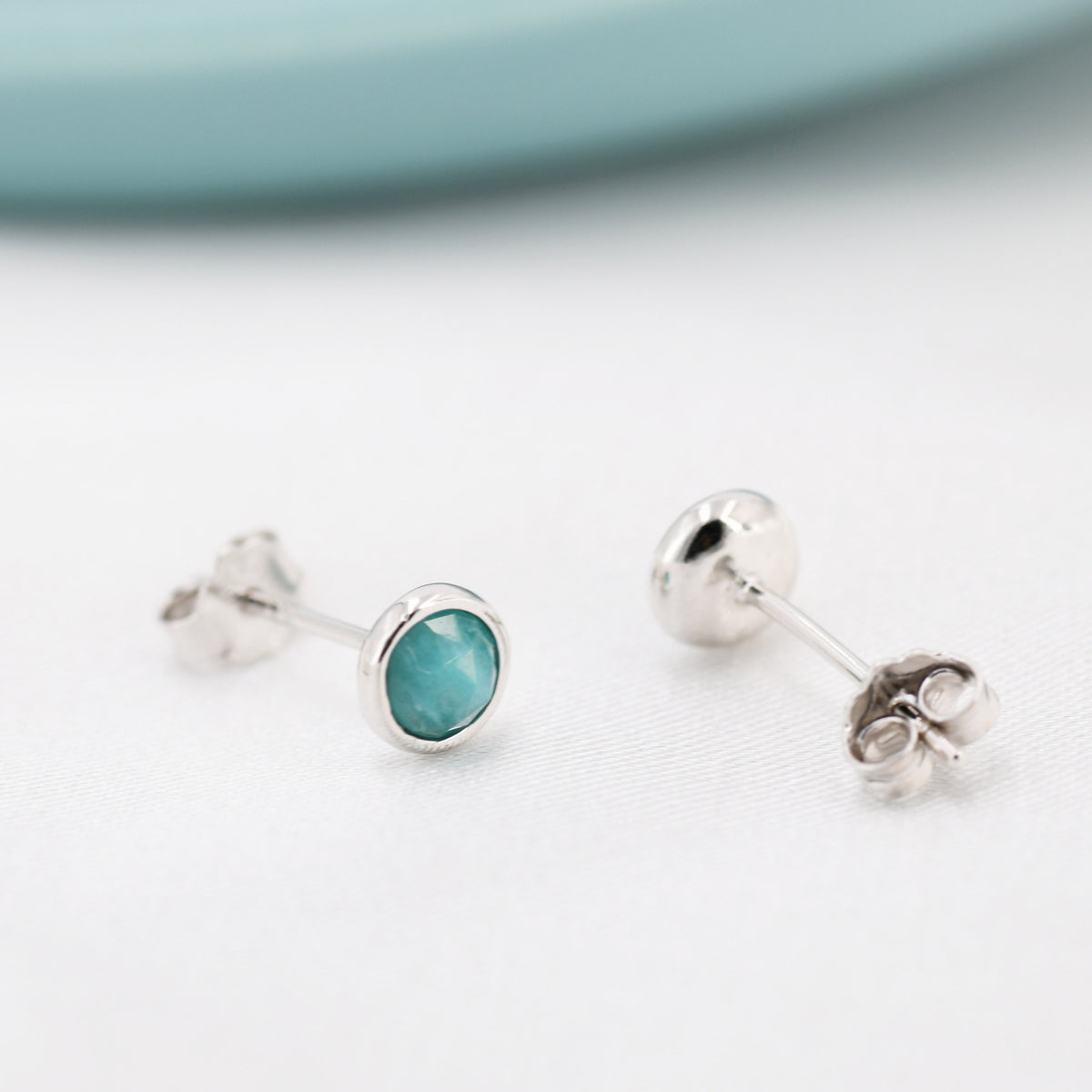 Sterling Silver Amazonite Stud Earrings, 4mm Rose Cut, Genuine tiny Amazonite Gemstone Stud, Bezel, Minimalist Style