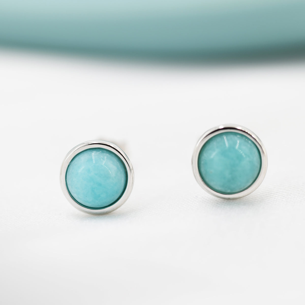 Sterling Silver Amazonite Stud Earrings, 5mm, Genuine Amazonite Gemstone Stud, Bezel, Minimalist Style