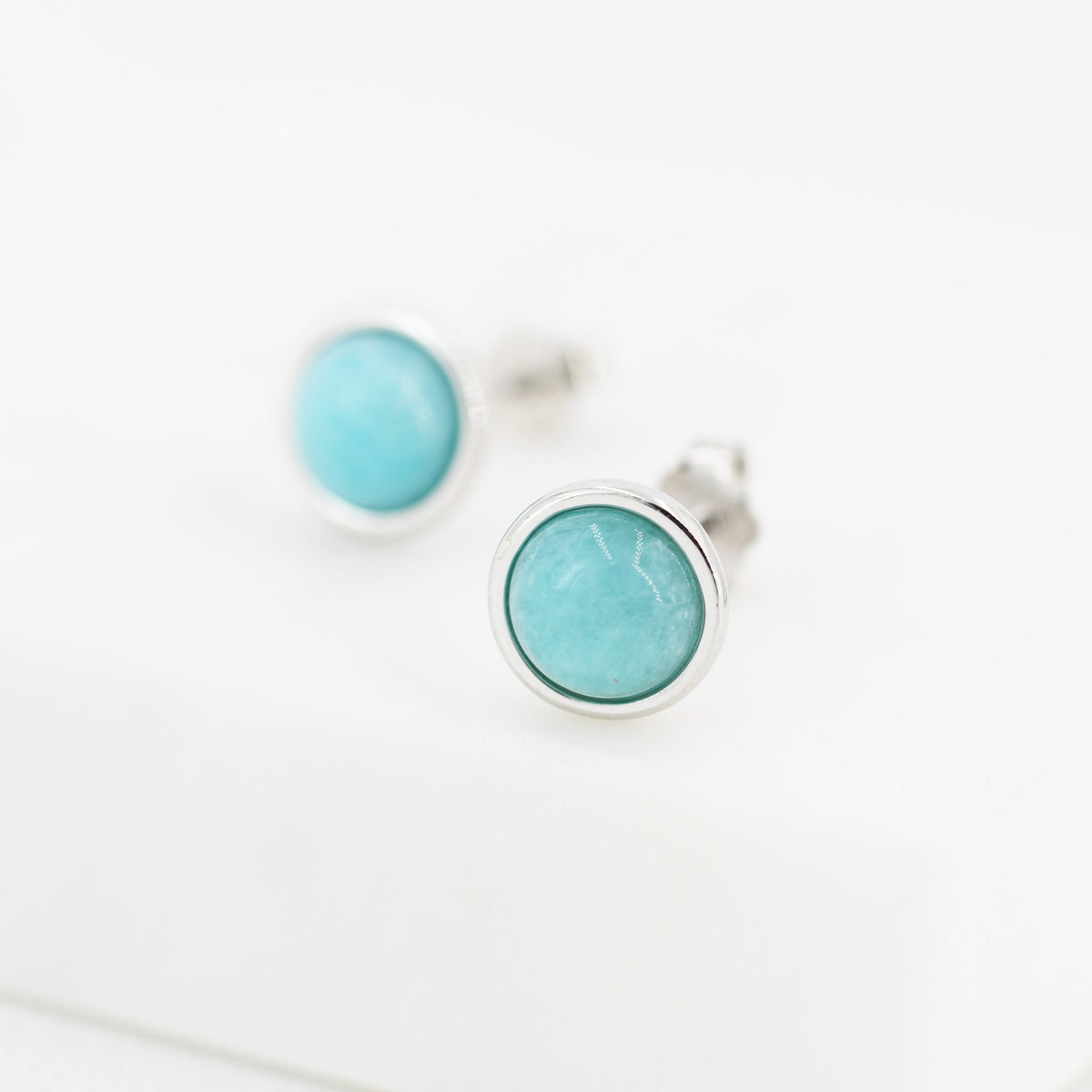 Sterling Silver Amazonite Stud Earrings, 5mm, Genuine Amazonite Gemstone Stud, Bezel, Minimalist Style