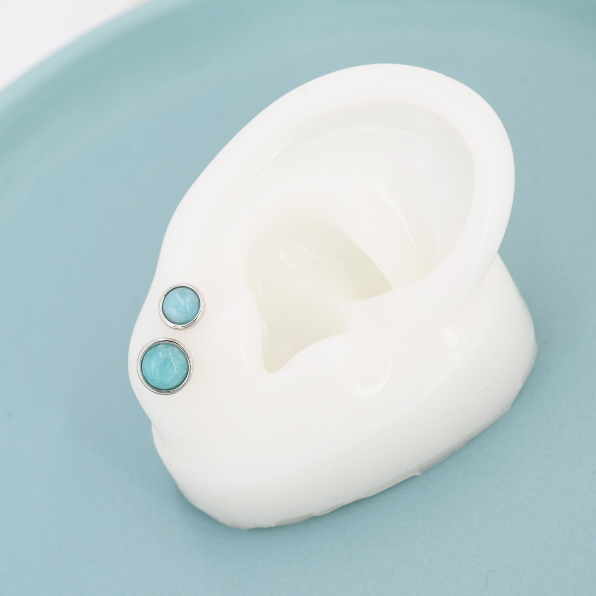 Sterling Silver Amazonite Stud Earrings, 5mm, Genuine Amazonite Gemstone Stud, Bezel, Minimalist Style
