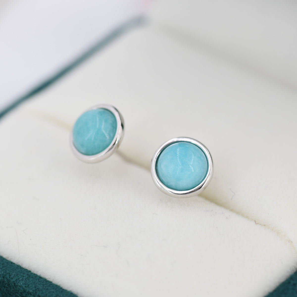 Sterling Silver Amazonite Stud Earrings, 5mm, Genuine Amazonite Gemstone Stud, Bezel, Minimalist Style