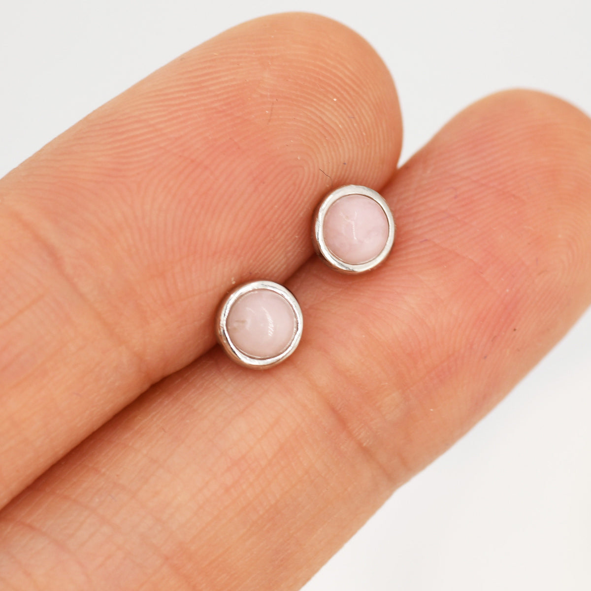 Sterling Silver Pale Pink Opal Tiny Stud Earrings, Genuine Pink Opal Stud, Natural Semi-Precious Gemstones, 4mm, Bezel, Minimalist Earrings