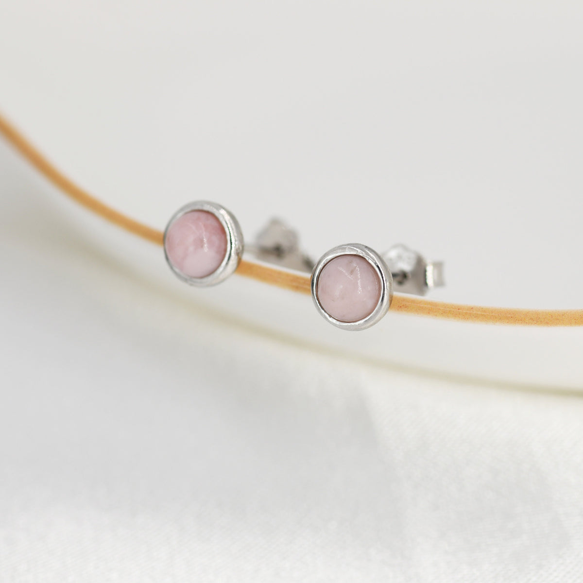 Sterling Silver Pale Pink Opal Tiny Stud Earrings, Genuine Pink Opal Stud, Natural Semi-Precious Gemstones, 4mm, Bezel, Minimalist Earrings