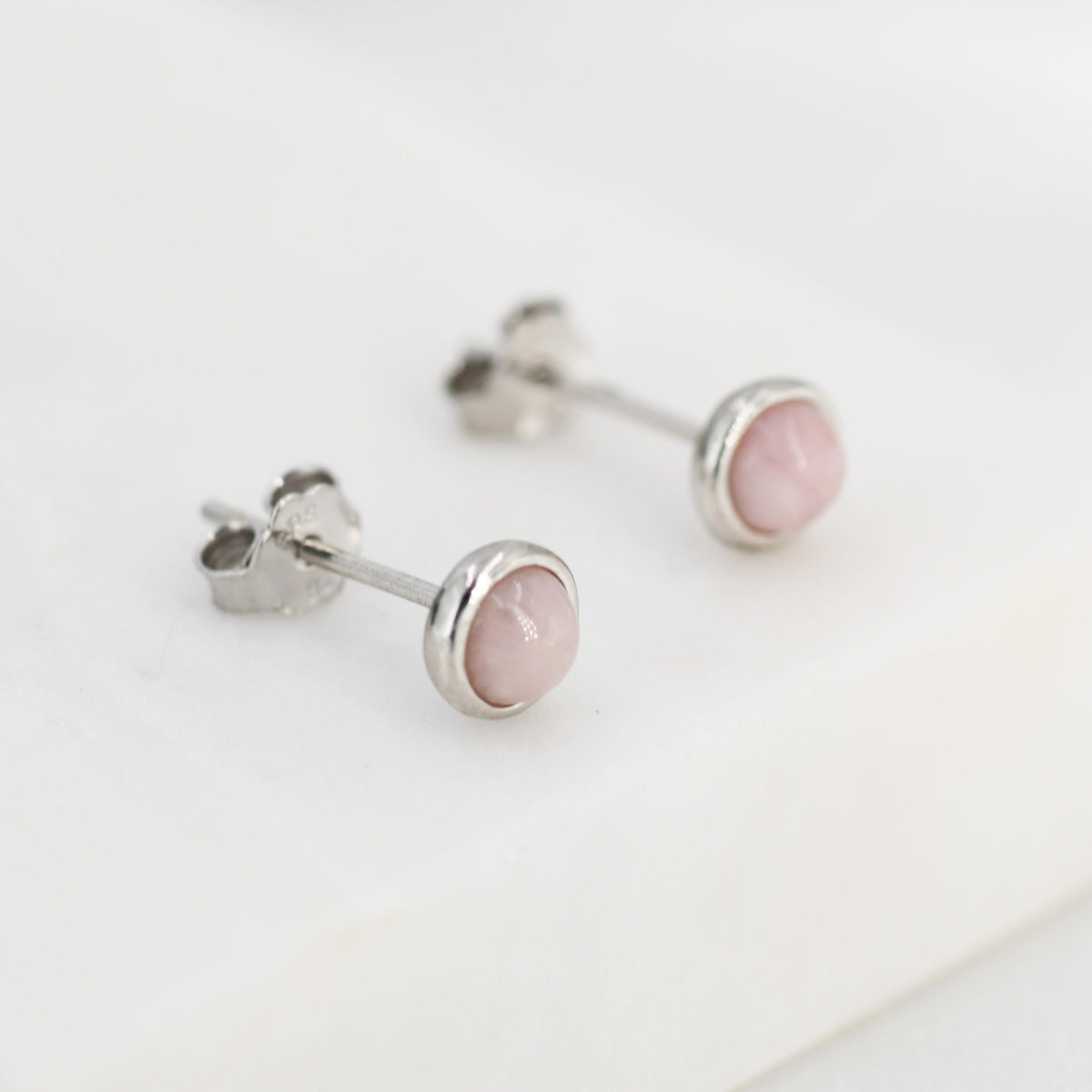 Sterling Silver Pale Pink Opal Tiny Stud Earrings, Genuine Pink Opal Stud, Natural Semi-Precious Gemstones, 4mm, Bezel, Minimalist Earrings