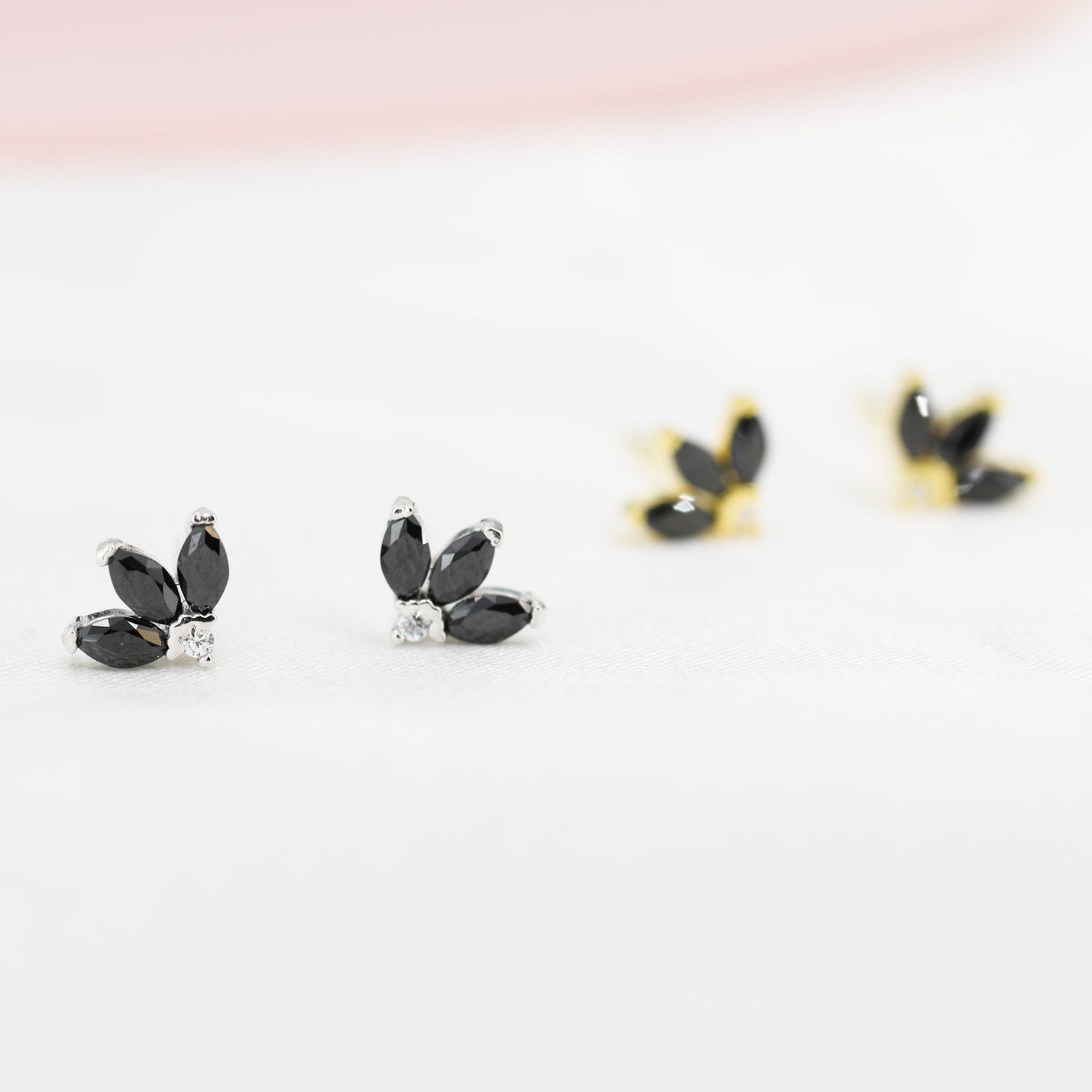 Sterling Silver Black CZ Marquise Cluster Stud Earrings, Gold or Silver, Marquise Fan Stud, CZ Crown Stud, Three Marquise Stud