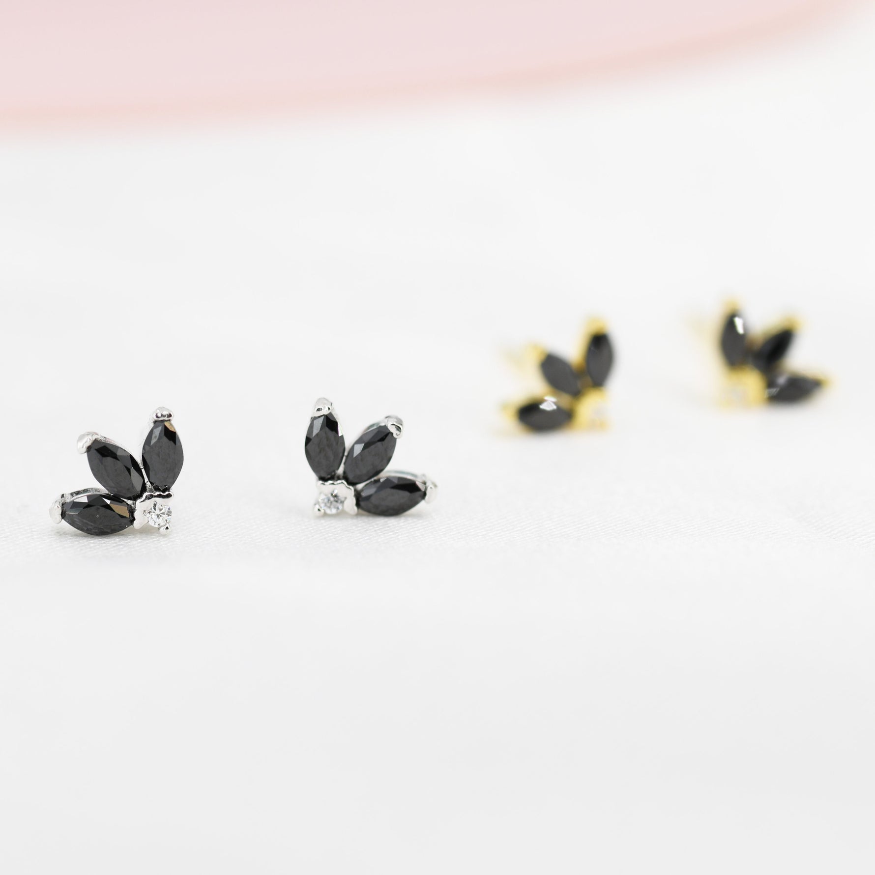 Sterling Silver Black CZ Marquise Cluster Stud Earrings, Gold or Silver, Marquise Fan Stud, CZ Crown Stud, Three Marquise Stud