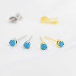 Tiny Turquoise CZ Stud Earrings in Sterling Silver, Silver or Gold, 3mm, Three Prong, Blue Stacking Earrings