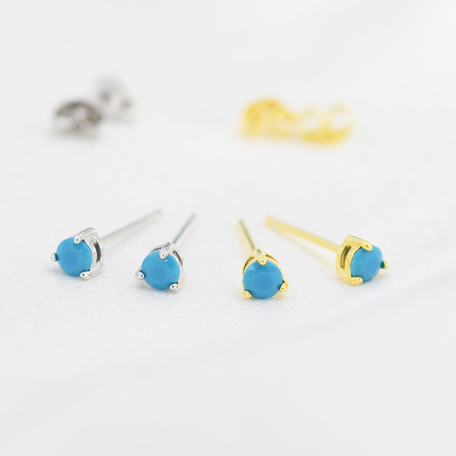 Tiny Turquoise CZ Stud Earrings in Sterling Silver, Silver or Gold, 3mm, Three Prong, Blue Stacking Earrings