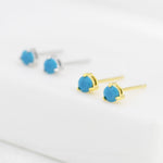 Tiny Turquoise CZ Stud Earrings in Sterling Silver, Silver or Gold, 3mm, Three Prong, Blue Stacking Earrings