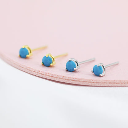 Tiny Turquoise CZ Stud Earrings in Sterling Silver, Silver or Gold, 3mm, Three Prong, Blue Stacking Earrings