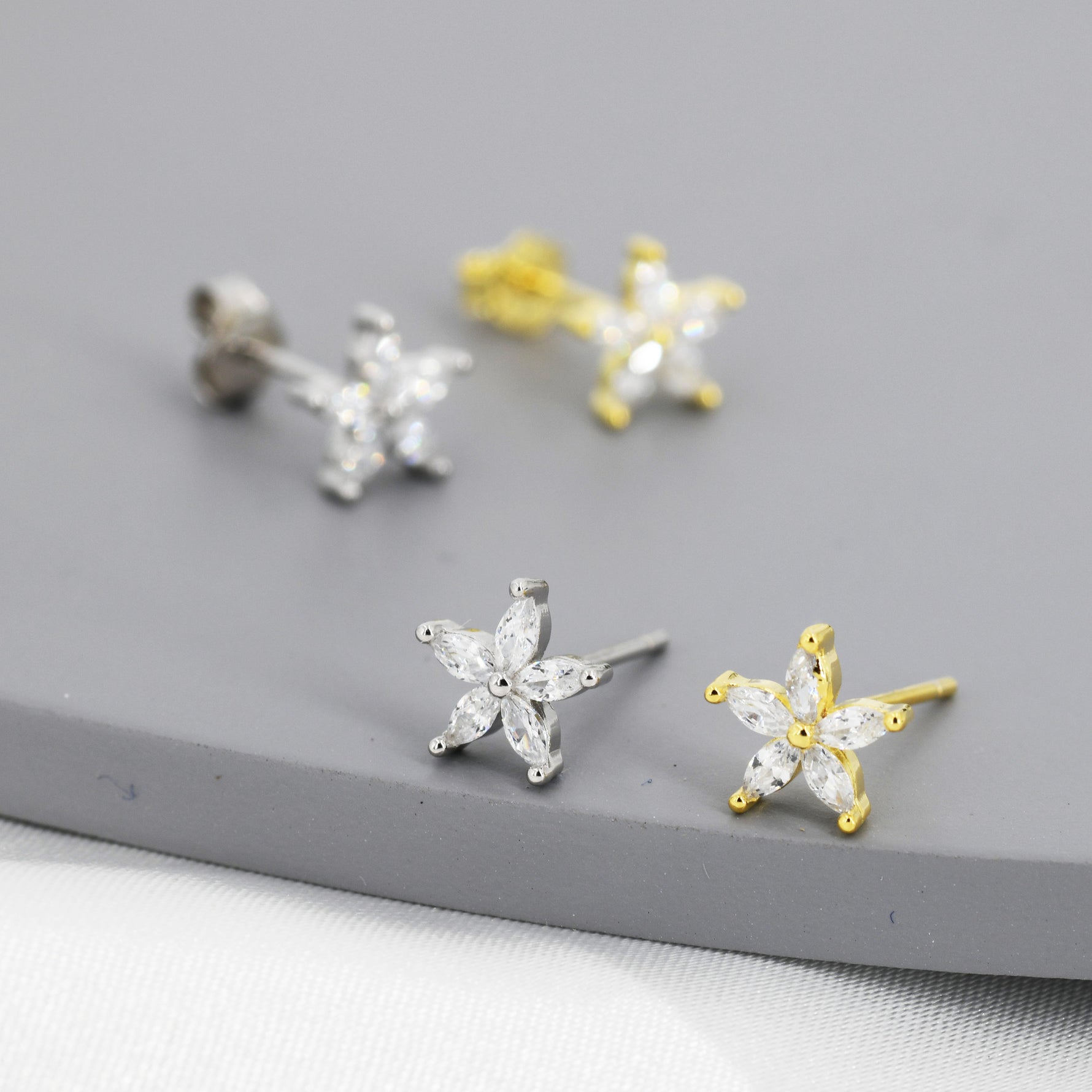 CZ Flower Stud Earrings in Sterling Silver, Silver or Gold, Forget-me-not Crystal Earrings