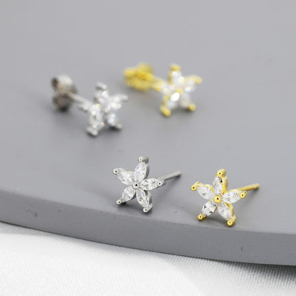 CZ Flower Stud Earrings in Sterling Silver, Silver or Gold, Forget-me-not Crystal Earrings