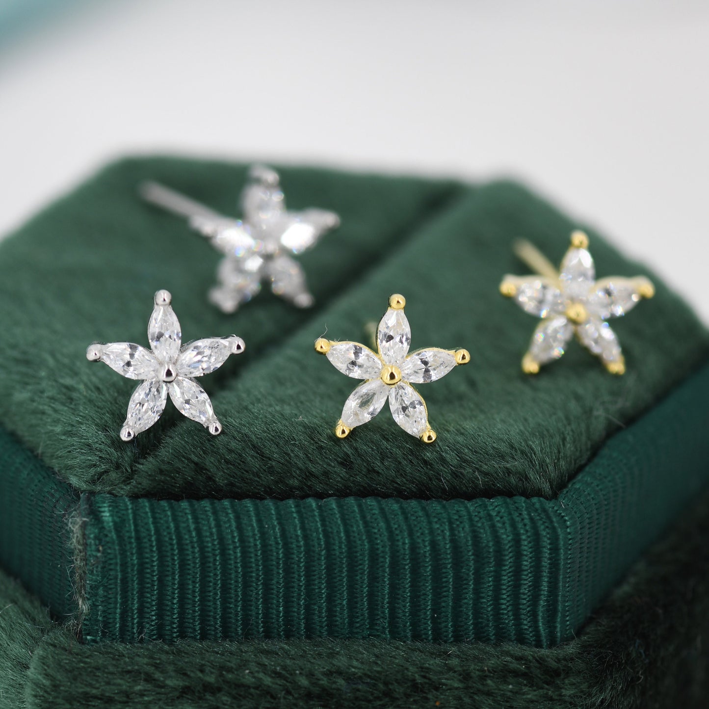 CZ Flower Stud Earrings in Sterling Silver, Silver or Gold, Forget-me-not Crystal Earrings