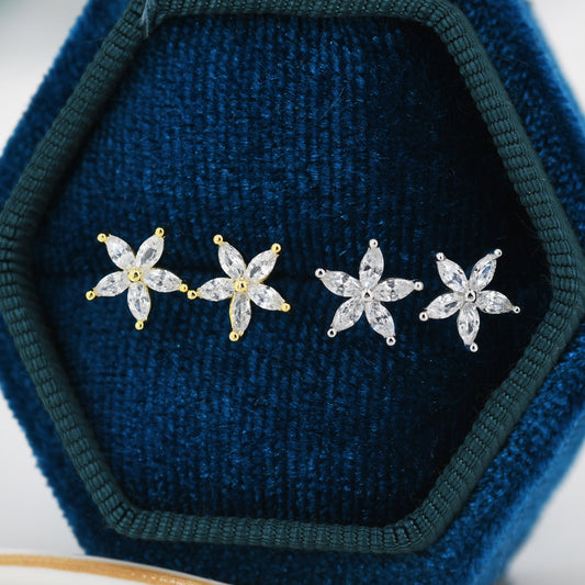 CZ Flower Stud Earrings in Sterling Silver, Silver or Gold, Forget-me-not Crystal Earrings