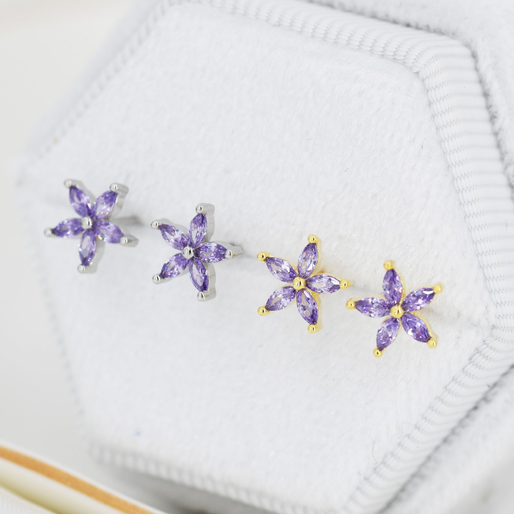 Amethyst Purple CZ Flower Stud Earrings in Sterling Silver, Silver or Gold, Marquise Crystal Earrings