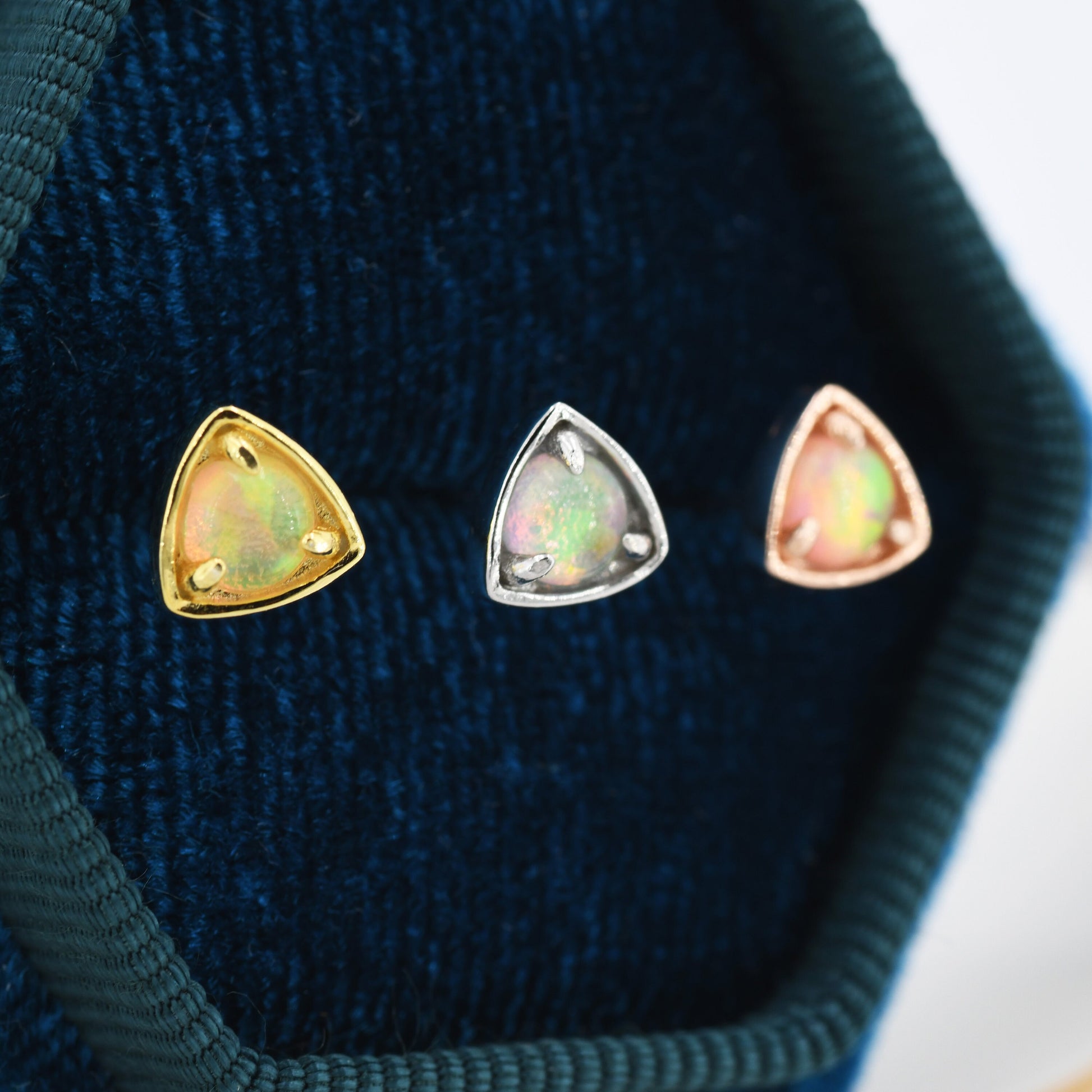 Triangle Opal Stud Earrings in Sterling Silver, Silver, Gold or Rose Gold, Opal Triangle Earrings, Stacking Earrings