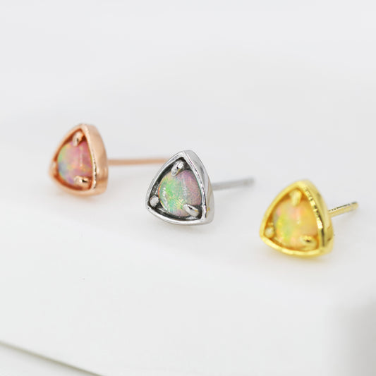 Triangle Opal Stud Earrings in Sterling Silver, Silver, Gold or Rose Gold, Opal Triangle Earrings, Stacking Earrings