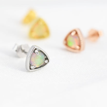 Triangle Opal Stud Earrings in Sterling Silver, Silver, Gold or Rose Gold, Opal Triangle Earrings, Stacking Earrings