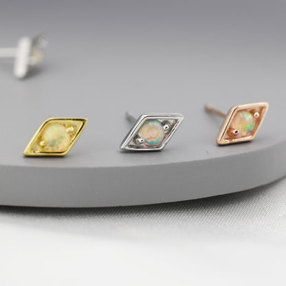 Diamond Shape Opal Stud Earrings in Sterling Silver, Silver, Gold or Rose Gold, Geometry Opal Earrings, Stacking Earrings