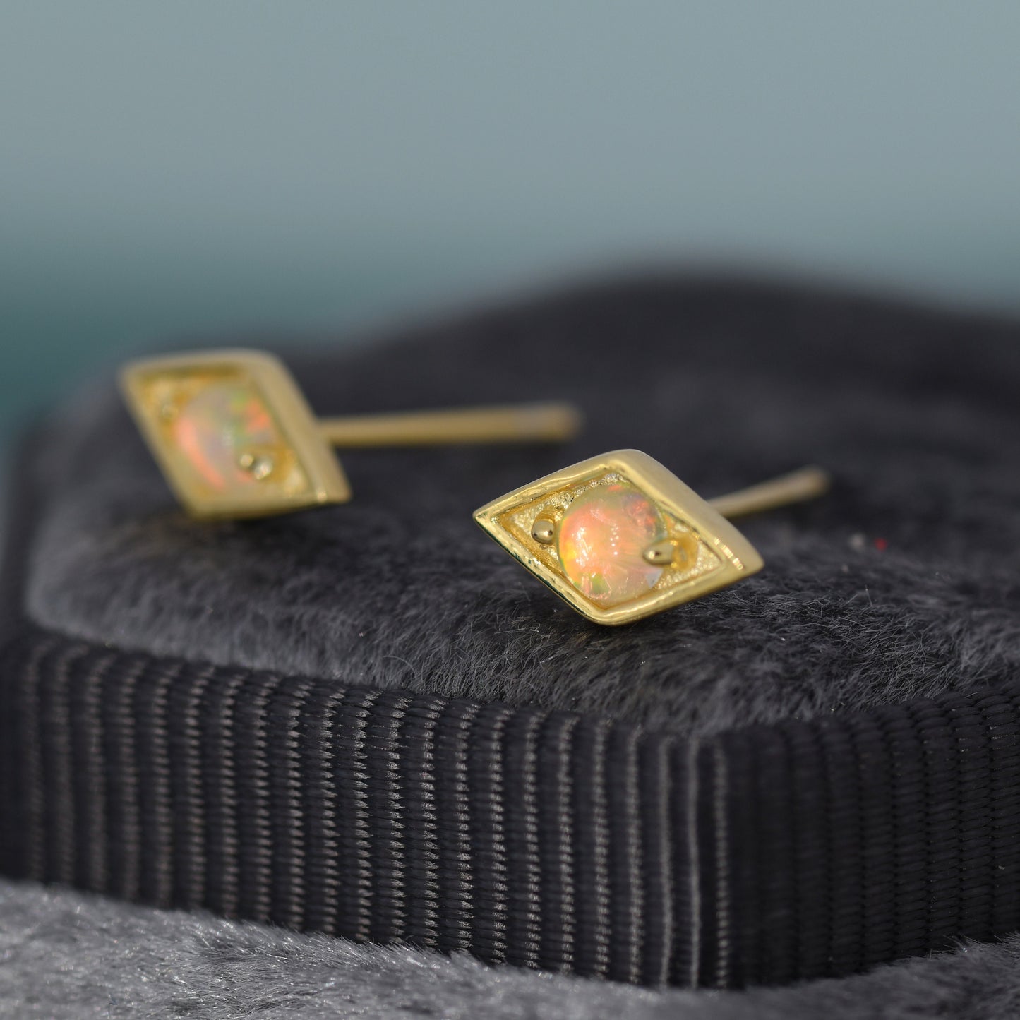 Diamond Shape Opal Stud Earrings in Sterling Silver, Silver, Gold or Rose Gold, Geometry Opal Earrings, Stacking Earrings