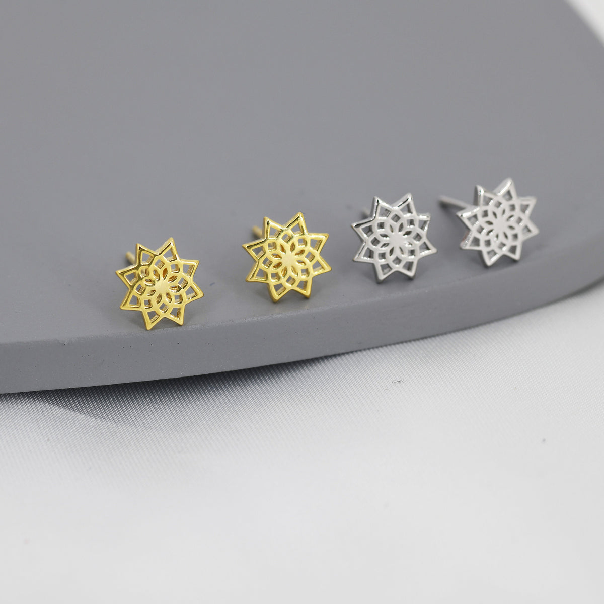 Mandala Flower Stud Earrings in Sterling Silver, Silver or Gold, Mandala Earrings, Geometric