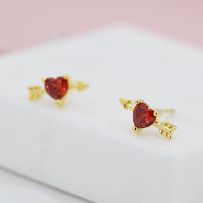 Red Heart Arrow Stud Earrings in Sterling Silver, Silver or Gold, Red CZ Crystal Struck Heart Earrings, Arrow Earrings