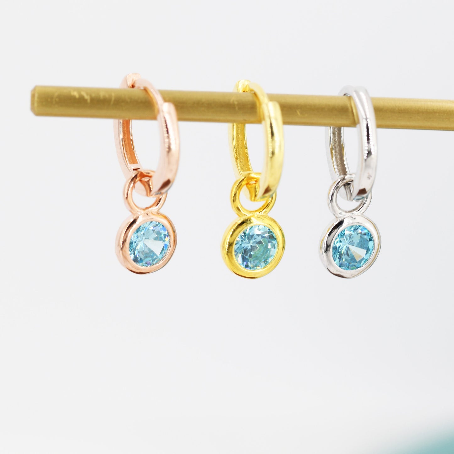 Birthstone Hoop Earrings in Sterling Silver, Detachable Charm Dangle Hoop Earrings, Silver, Gold or Rose Gold,  Interchangeable