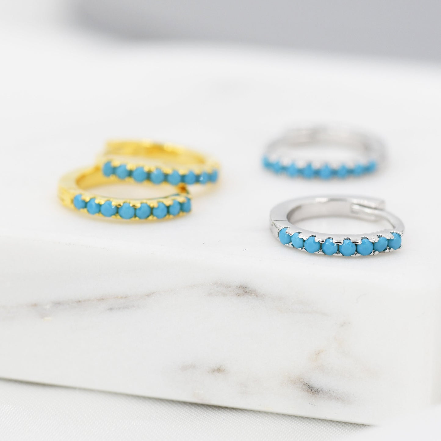 Turquoise Huggie Hoop in Sterling Silver, Silver or Gold, 8mm Inner Diameter Hoop Earrings, Turquoise Earrings