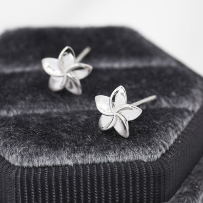 Tiny Plumeria Flower Stud Earrings in Sterling Silver, Small Flower Earrings, Nature Inspired Floral Earrings