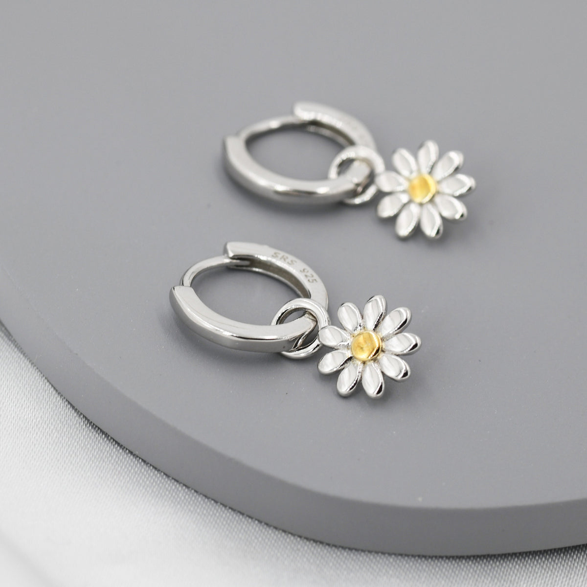 Little Daisy Flower Charmed Hoop Earrings in Sterling Silver - Cute Flower Blossom Huggie Hoop Earrings - Fun, Whimsical