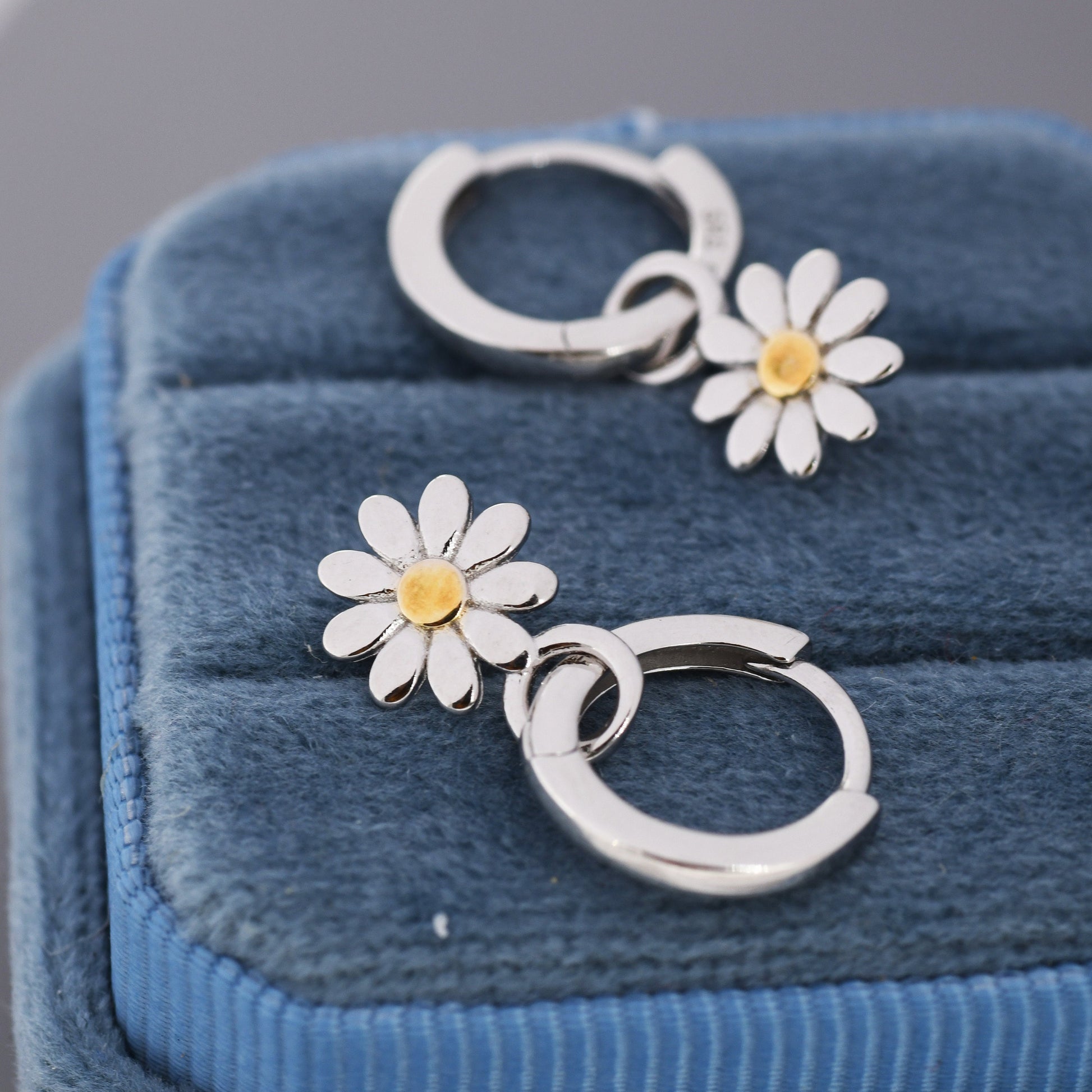 Little Daisy Flower Charmed Hoop Earrings in Sterling Silver - Cute Flower Blossom Huggie Hoop Earrings - Fun, Whimsical