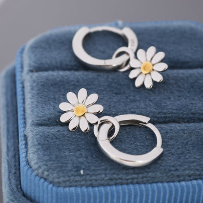 Little Daisy Flower Charmed Hoop Earrings in Sterling Silver - Cute Flower Blossom Huggie Hoop Earrings - Fun, Whimsical