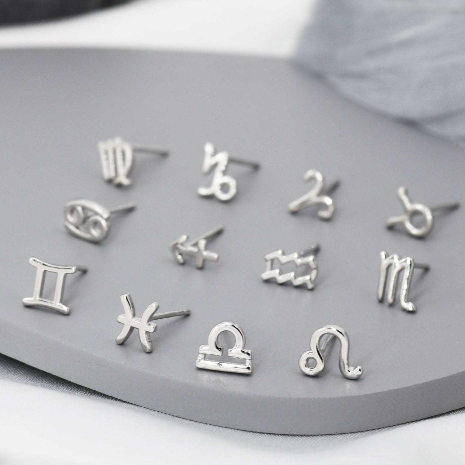 Pair of Zodiac Stud Earring in Sterling Silver, Silver or Gold, Horoscope Earrings