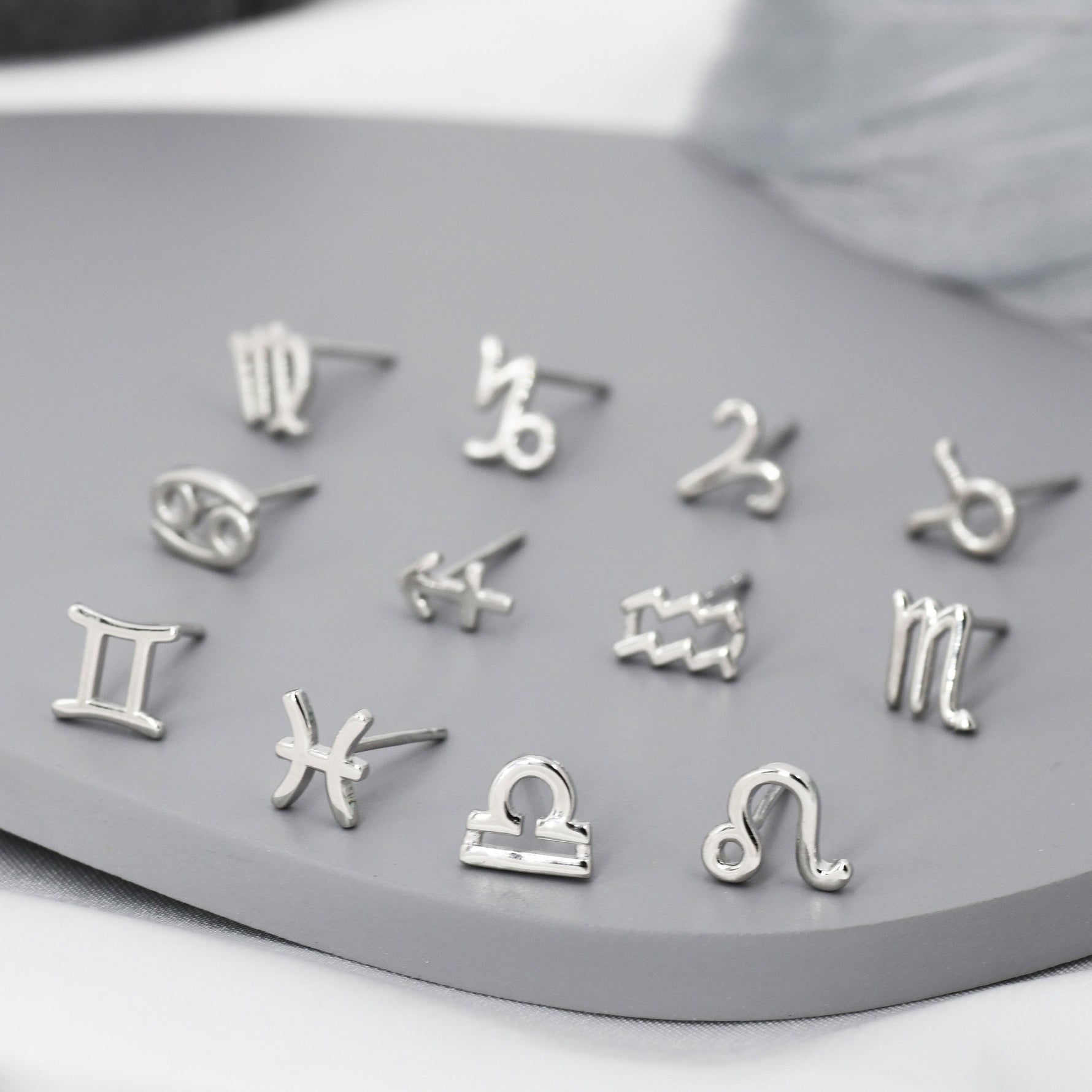 Pair of Zodiac Stud Earring in Sterling Silver, Silver or Gold, Horoscope Earrings