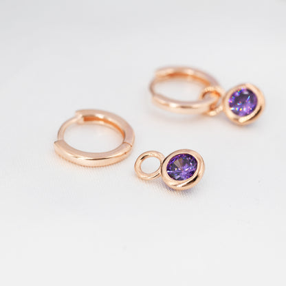 February Birthstone Amethyst Hoop Earrings in Sterling Silver, Detachable Dangle Hoop Earrings, Silver, Gold or Rose Gold, Interchangeable