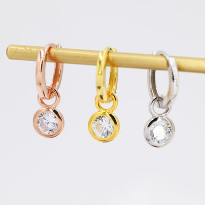 CZ Crystal Drop Hoop Earrings in Sterling Silver, Detachable Dangle Earrings, April Birthstone, Silver, Gold, Rose Gold, Interchangeable