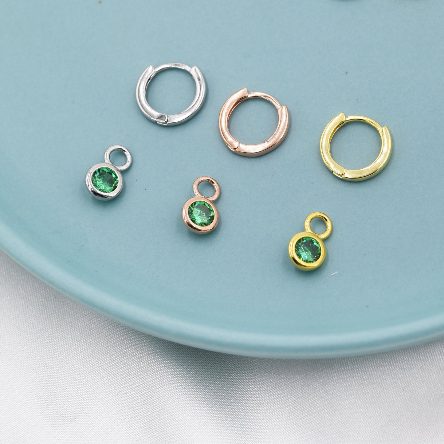 May Birthstone Emerald Green Crystal Drop Hoop Earrings in Sterling Silver, Detachable Dangle Earrings, Silver, Gold, Rose Gold