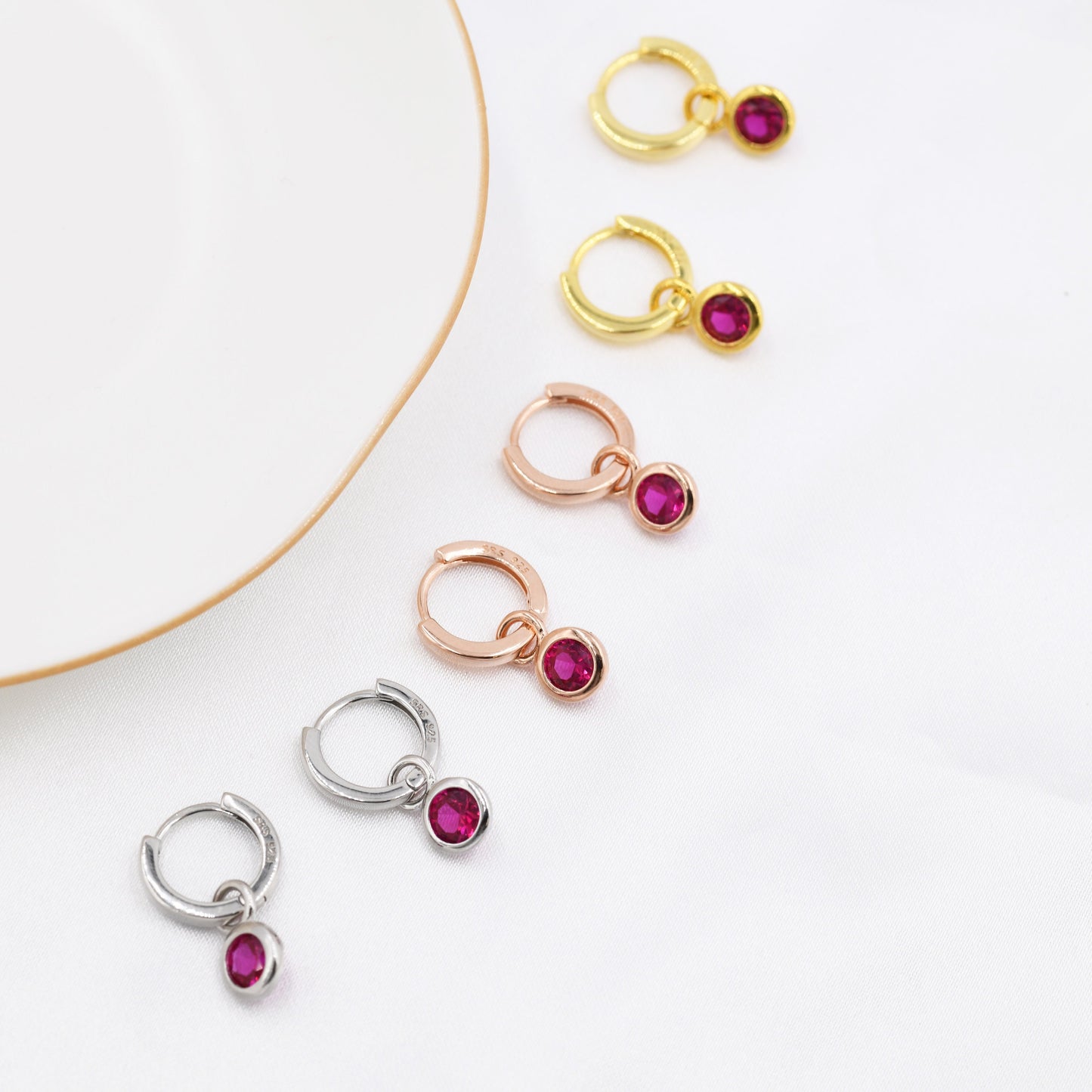 July Birthstone Ruby Red Crystal Drop Hoop Earrings in Sterling Silver, Detachable Dangle Earrings, Silver, Gold, Rose Gold