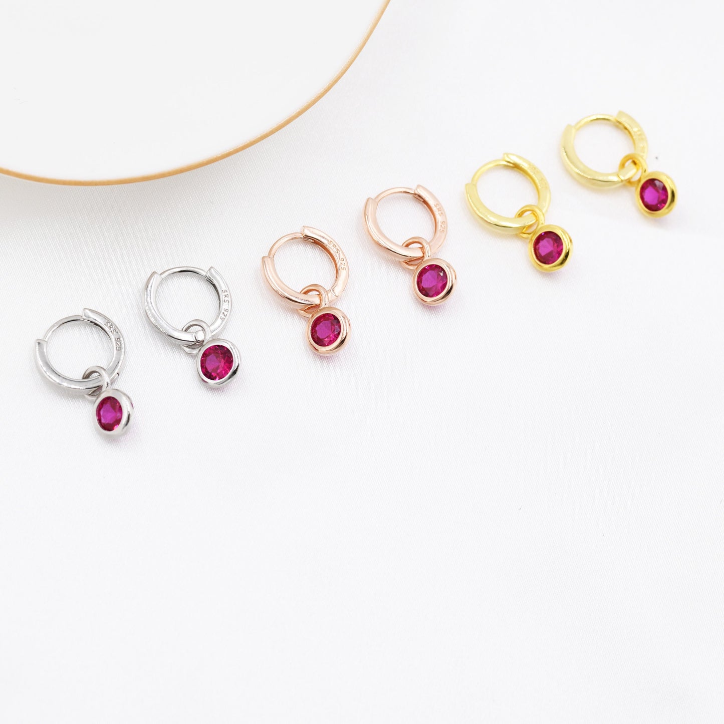 July Birthstone Ruby Red Crystal Drop Hoop Earrings in Sterling Silver, Detachable Dangle Earrings, Silver, Gold, Rose Gold