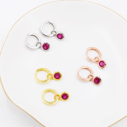 July Birthstone Ruby Red Crystal Drop Hoop Earrings in Sterling Silver, Detachable Dangle Earrings, Silver, Gold, Rose Gold