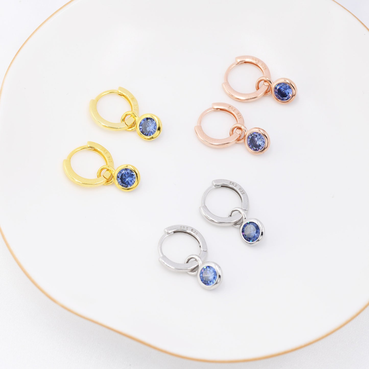 December Birthstone Tanzanite Blue Crystal Drop Hoop Earrings in Sterling Silver, Detachable Dangle Earrings, Silver, Gold, Rose Gold