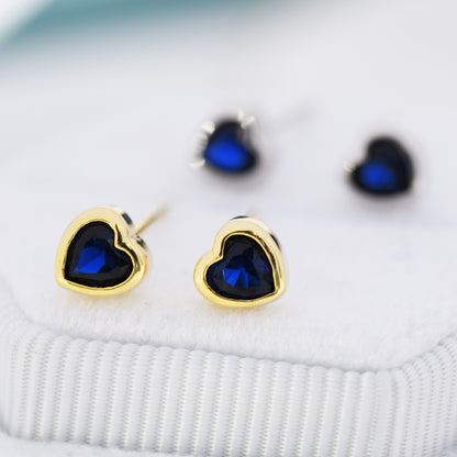 Tiny Sapphire Blue CZ Heart Stud Earrings in Sterling Silver, Silver or Gold, Blue Crystal Heart Earrings, Stacking Earrings