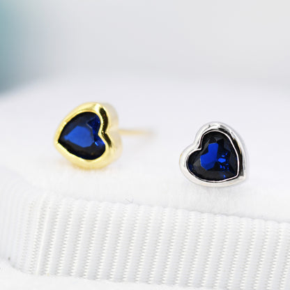 Tiny Sapphire Blue CZ Heart Stud Earrings in Sterling Silver, Silver or Gold, Blue Crystal Heart Earrings, Stacking Earrings