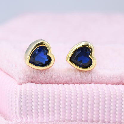 Tiny Sapphire Blue CZ Heart Stud Earrings in Sterling Silver, Silver or Gold, Blue Crystal Heart Earrings, Stacking Earrings