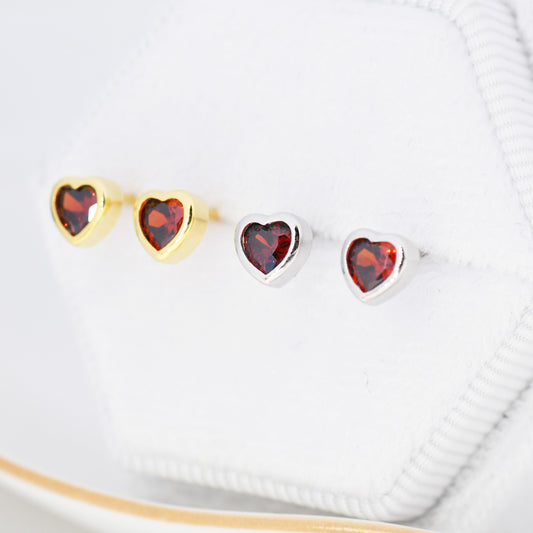 Tiny Garnet Red CZ Heart Stud Earrings in Sterling Silver, Silver or Gold, Red Crystal Heart Earrings, Stacking Earrings