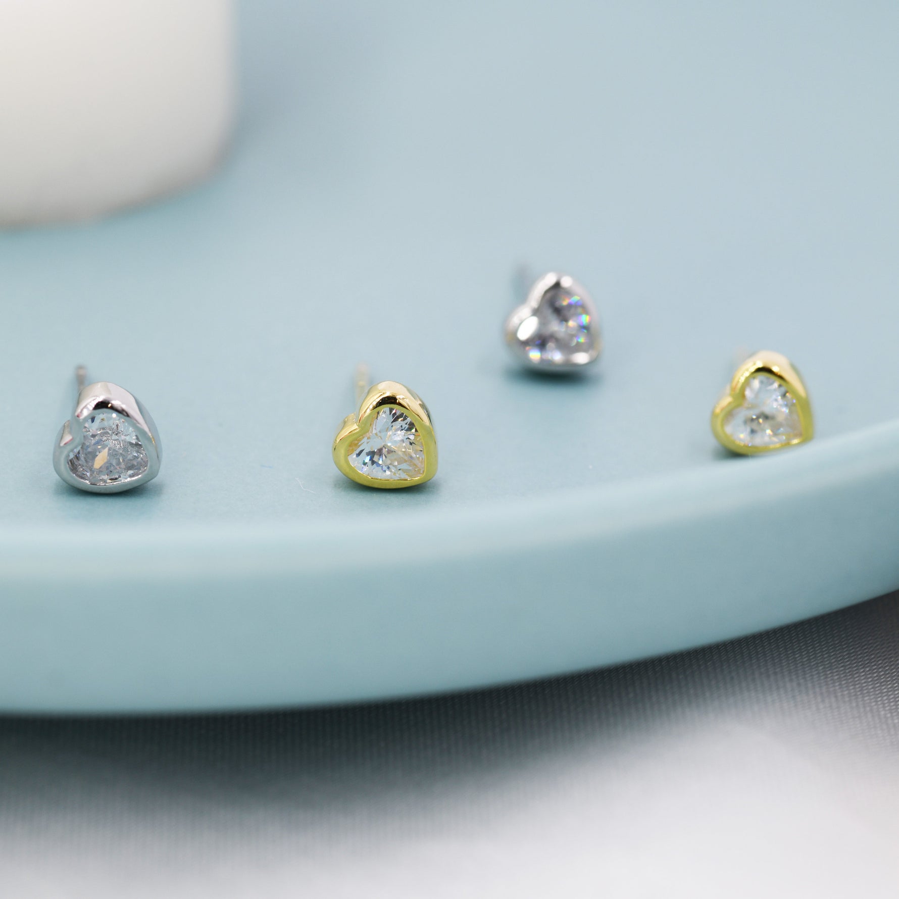 Tiny CZ Heart Stud Earrings in Sterling Silver, Silver or Gold, Crystal Heart Earrings, Stacking Earrings