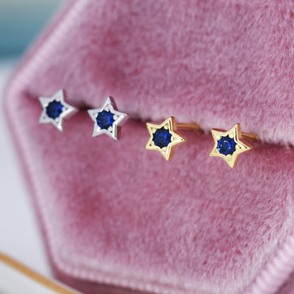 Tiny Sapphire Blue CZ Star Stud Earrings in Sterling Silver, Silver or Gold,  Blue Crystal Star Earrings, Stacking Earrings